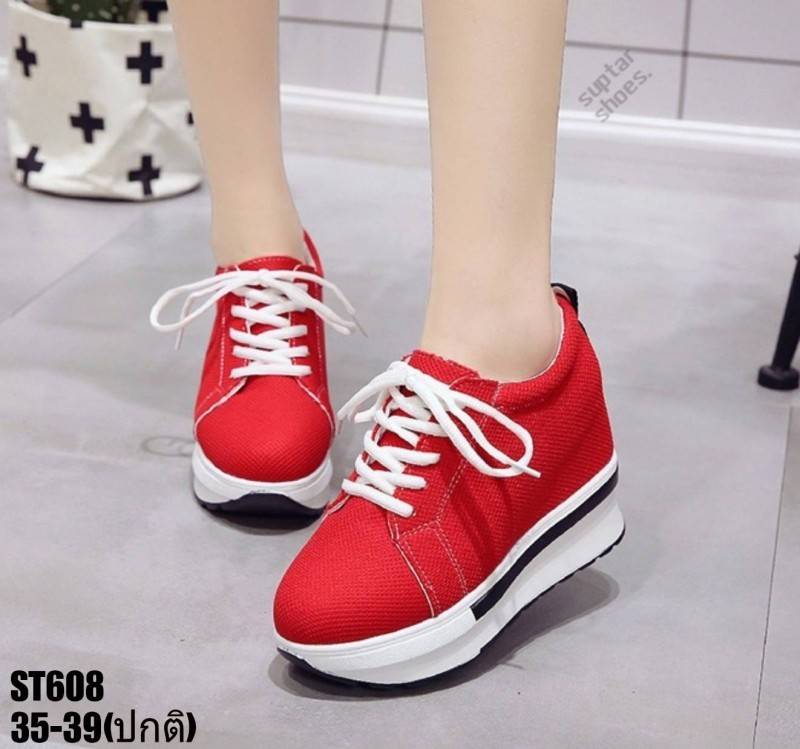 รองเท้าผ้าใบเสริมส้นแต่งลายแฟชั่น (สีแดง)