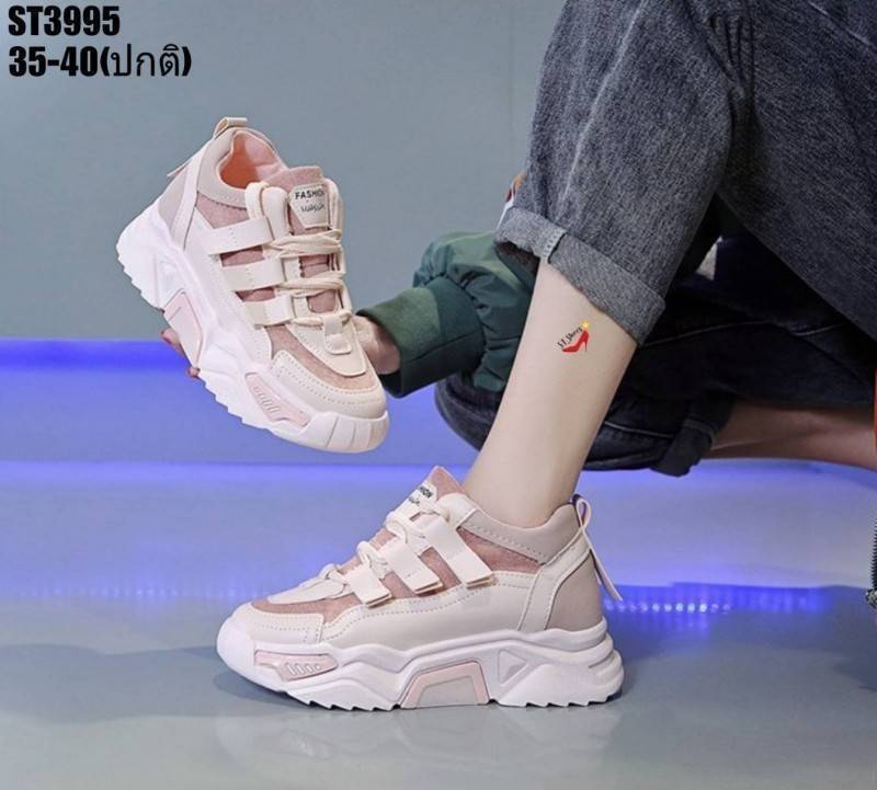 รองเท้าผ้าใบสไตล์Sportแต่งสายเมจิกเทป (สีชมพู)