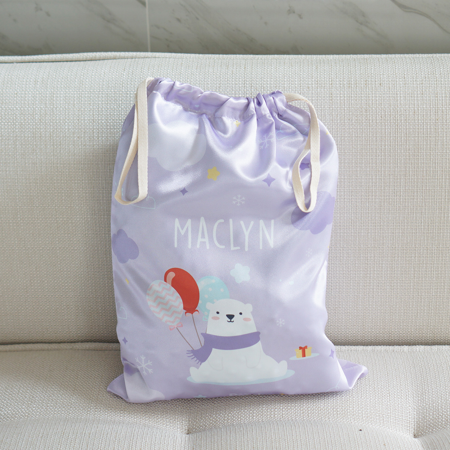 ถุงผ้าซาติน ไซส์ L สั่งทำใส่ชื่อ ลาย Polar Bear - Lavender