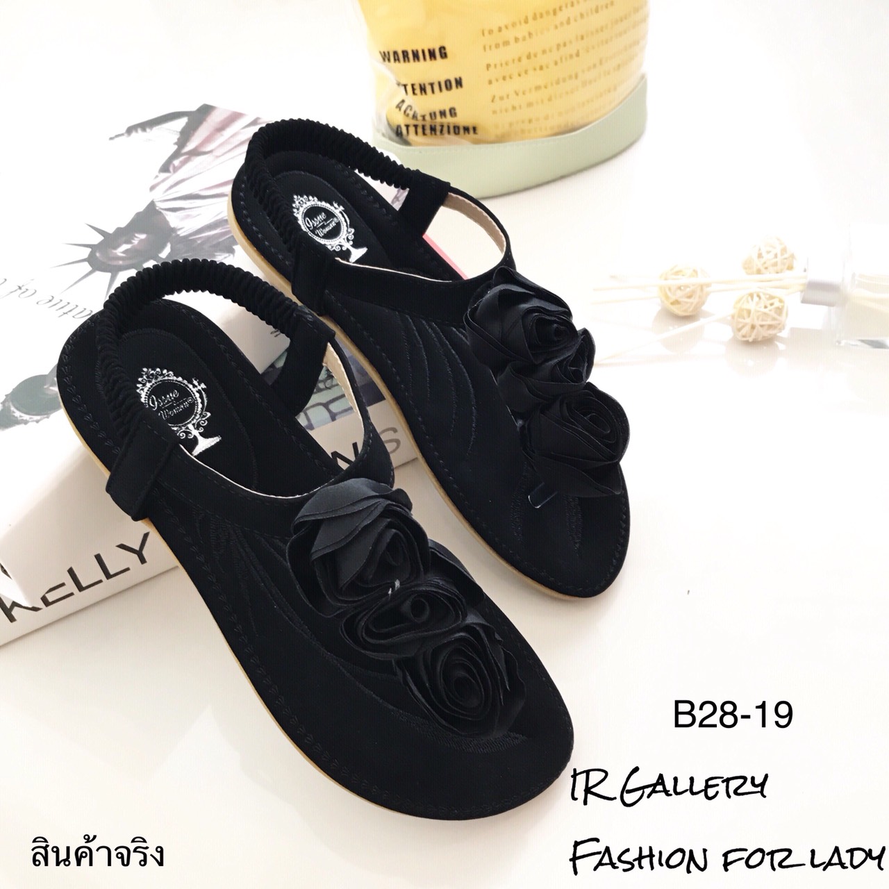 รองเท้าแตะรัดส้นแต่งกุหลาบ (สีเทา)