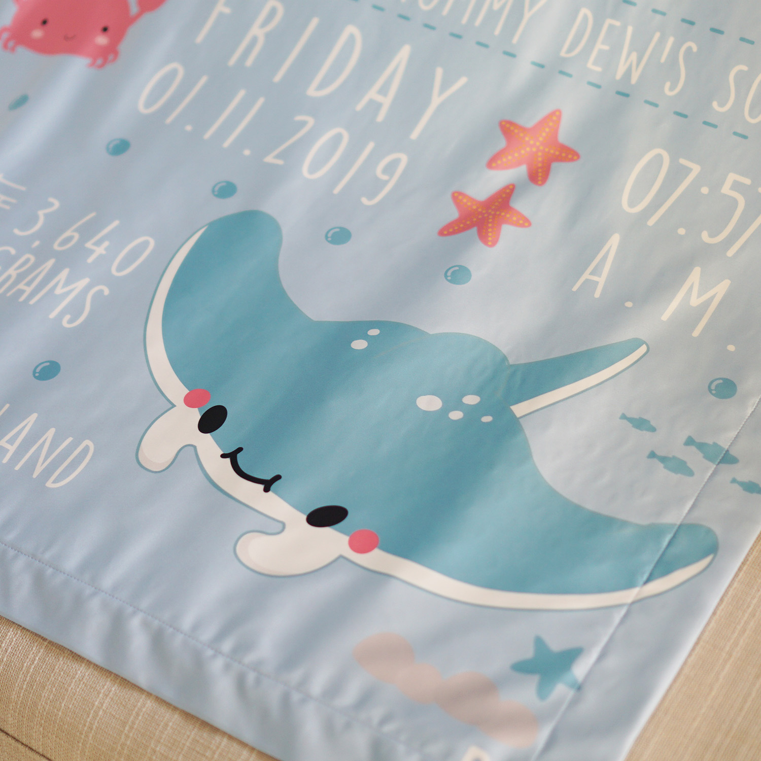 ผ้าห่มเด็ก ใส่ประวัติแรกเกิด ลายกระเบน - Mantaray - Mint + เพิ่มรูปถ่าย