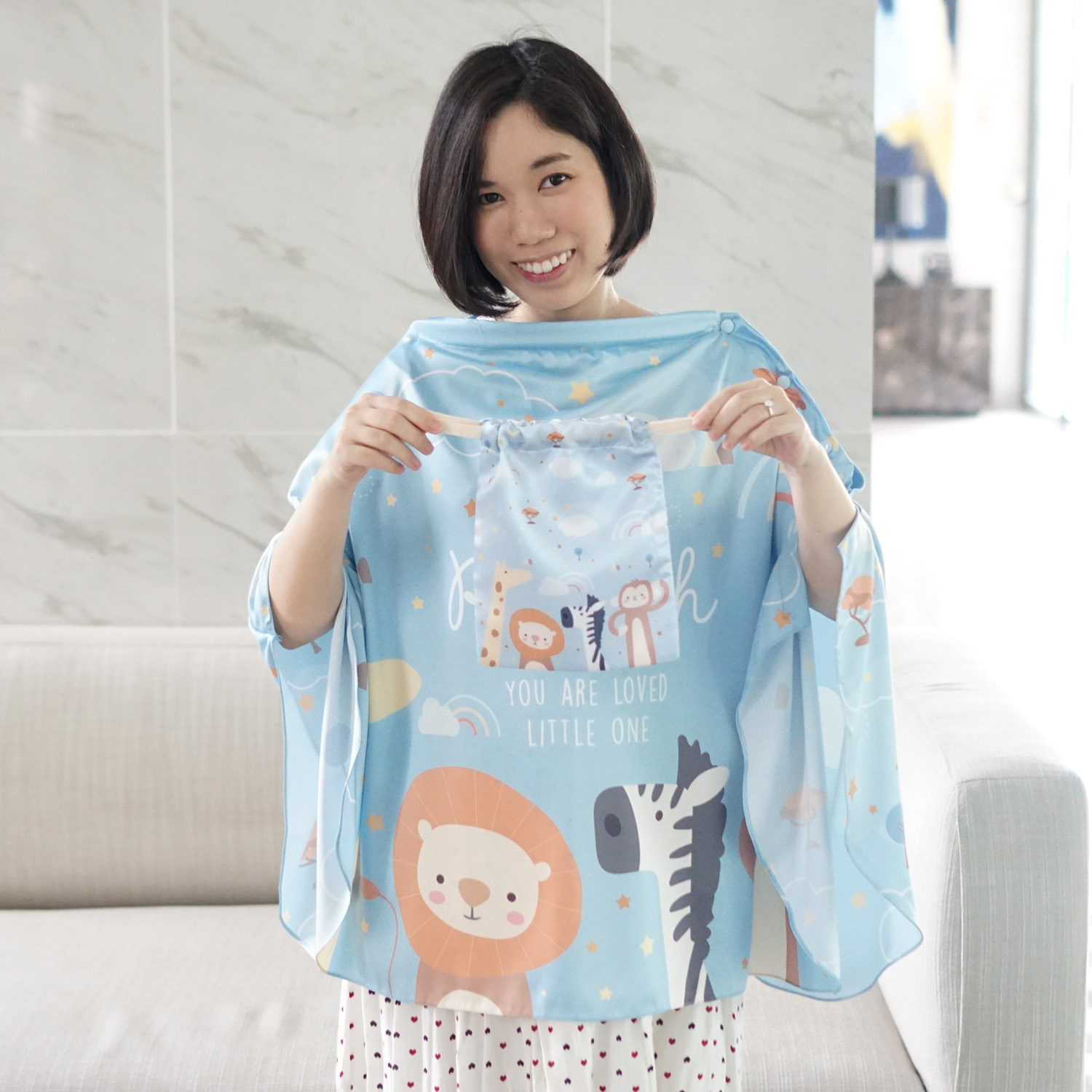 ผ้าคลุมให้นม 3in1 (รุ่นมีกระดุม ถอดโครงได้) แบบสั่งทำใส่ชื่อ ลาย Safari - Blue