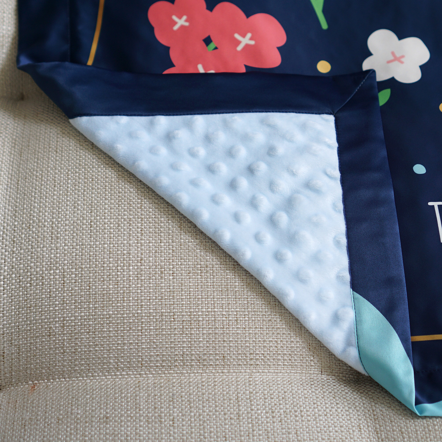 ผ้าห่มเด็ก ใส่ประวัติแรกเกิด ลาย Flower and Rainbow - Navy
