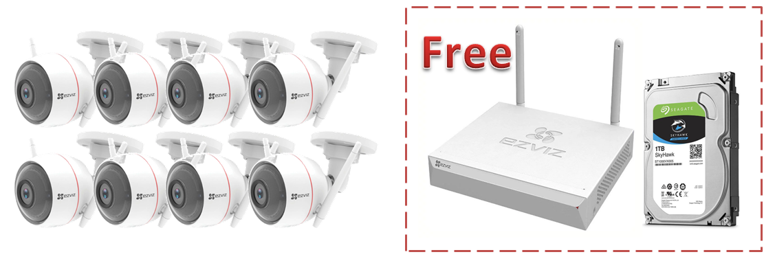 ขายถูก (ชุด 8กล้อง) EZV C3W Husky Air 1080p Outdoor Wi-Fi Camera with External Antenna ฟรี Ezviz เครื่องบันทึกกล้องวงจรปิดไร้สาย รุ่น X5C-8 NVR IP Wi-Fi Video Recorder + Seagate Skyhawk 1TB