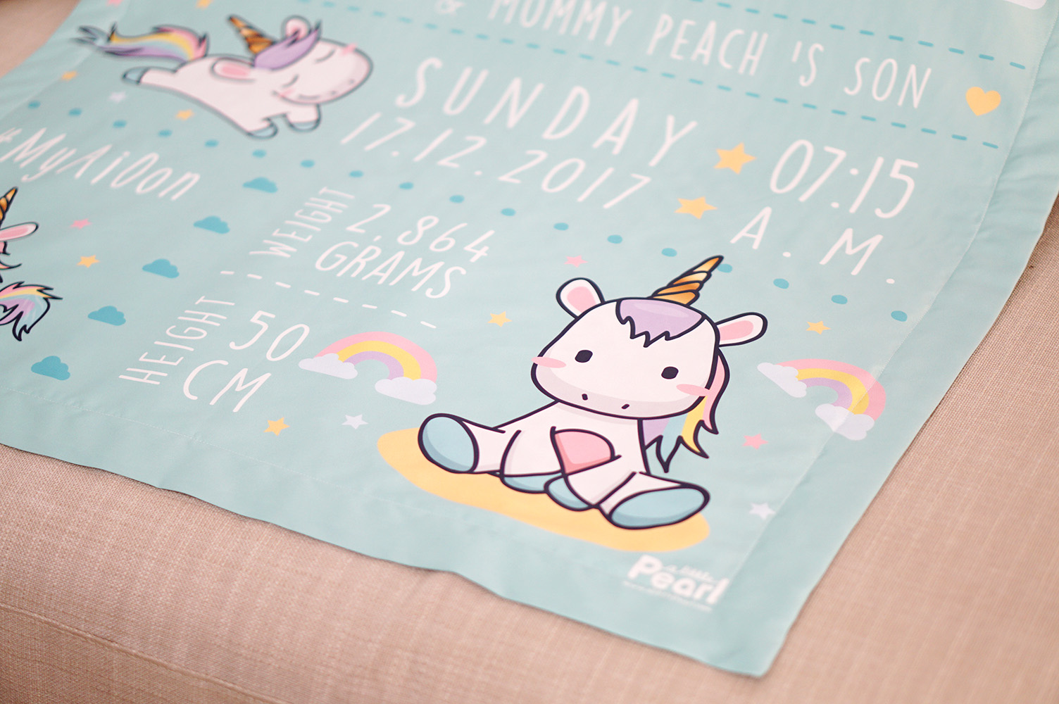 ผ้าห่มเด็ก ใส่ประวัติแรกเกิด ลายยูนิคอร์น - Unicorn - Mint