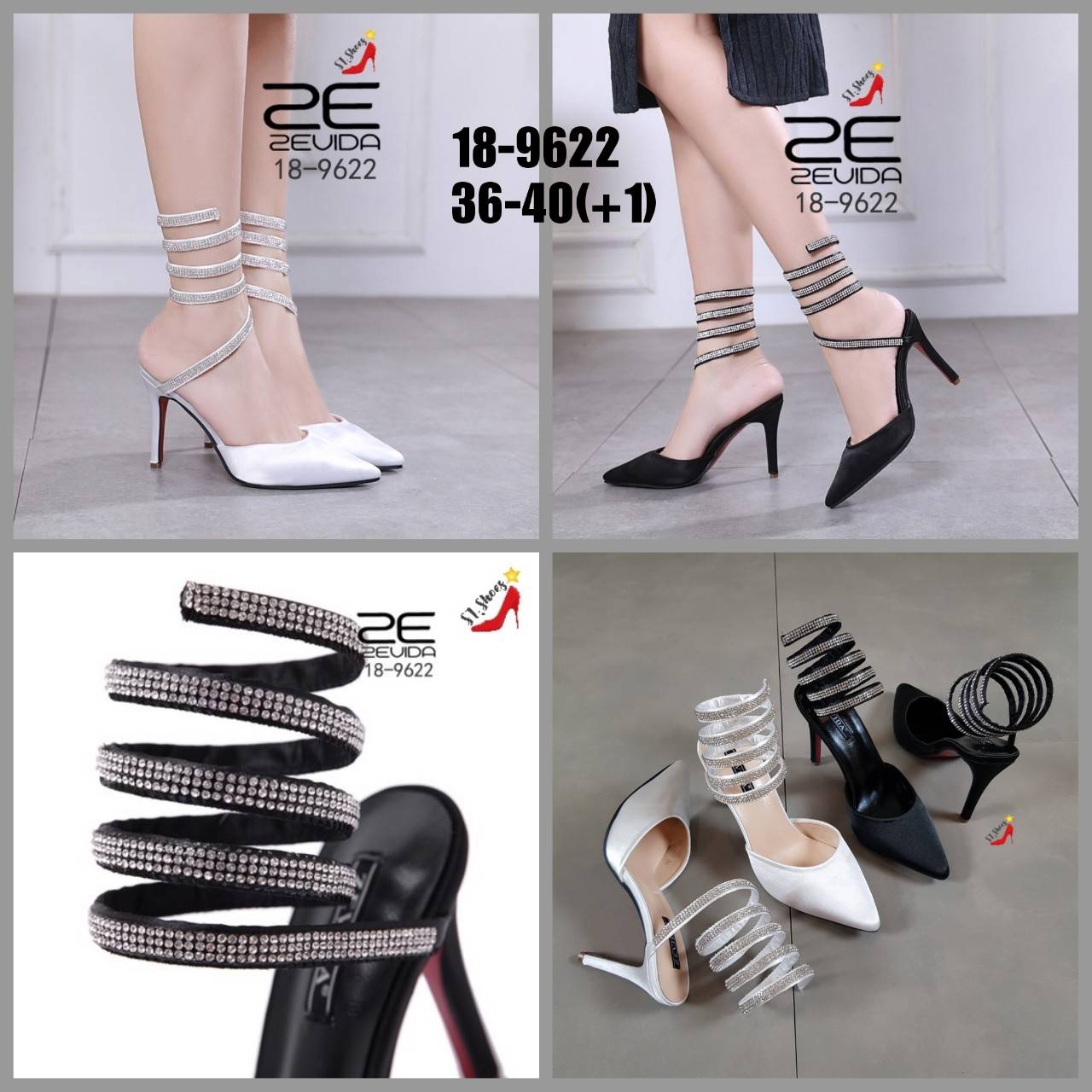 รองเท้าส้นสูงเปิดส้นแต่งสายเพชร (สีดำ)