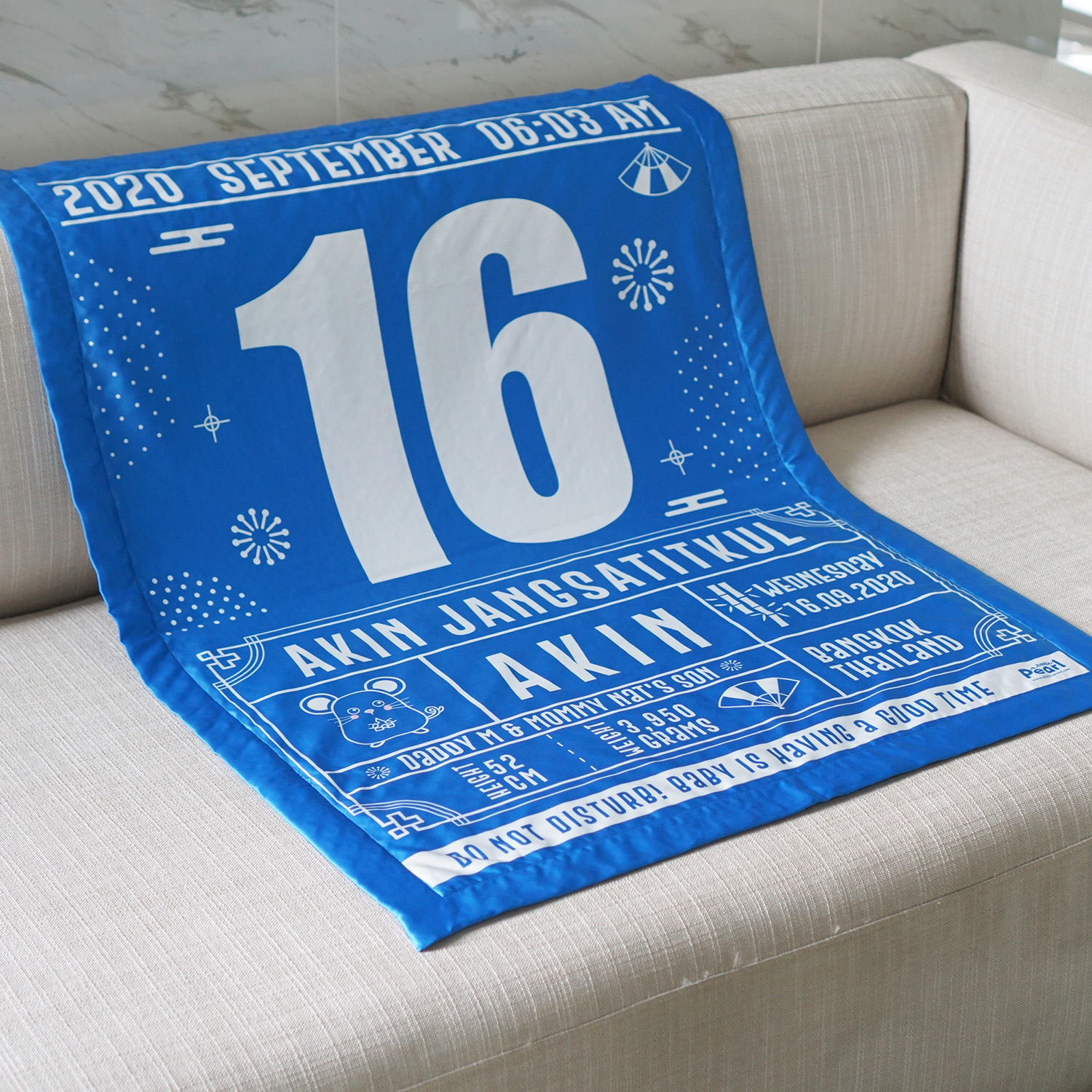 ผ้าห่มเด็ก ใส่ประวัติแรกเกิด ลาย Chinese Calendar - Dark Blue