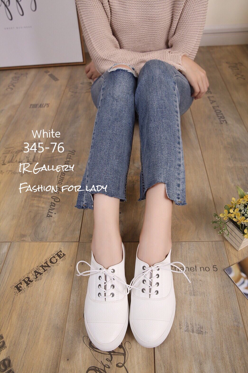 รองเท้าผ้าใบหนังพียูเรียบ (สีชมพู)