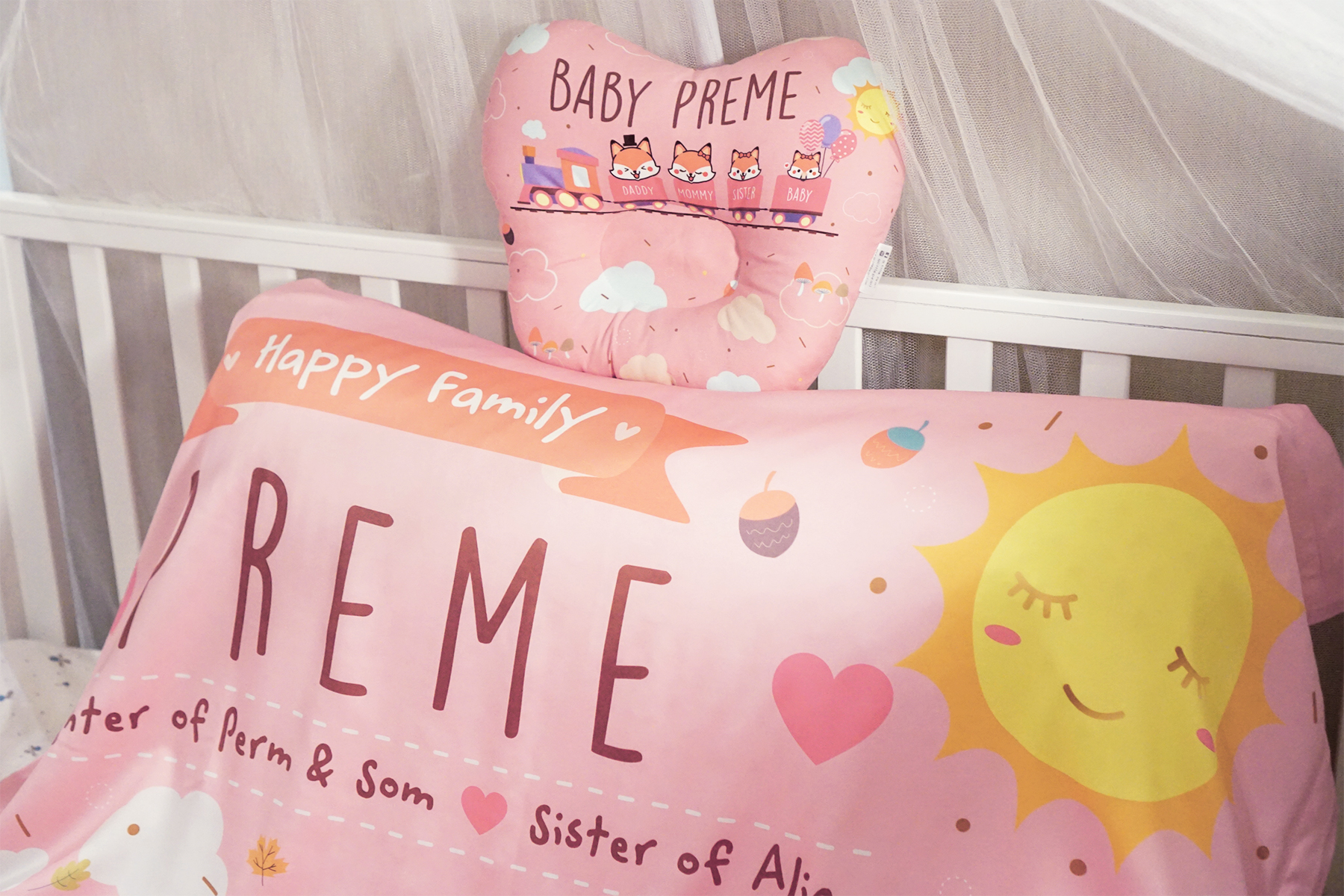 ชุดของขวัญเด็กแรกเกิด หมอนหลุม + ผ้าห่มขนาด 75x100cm ลาย Train with Fox - Pink