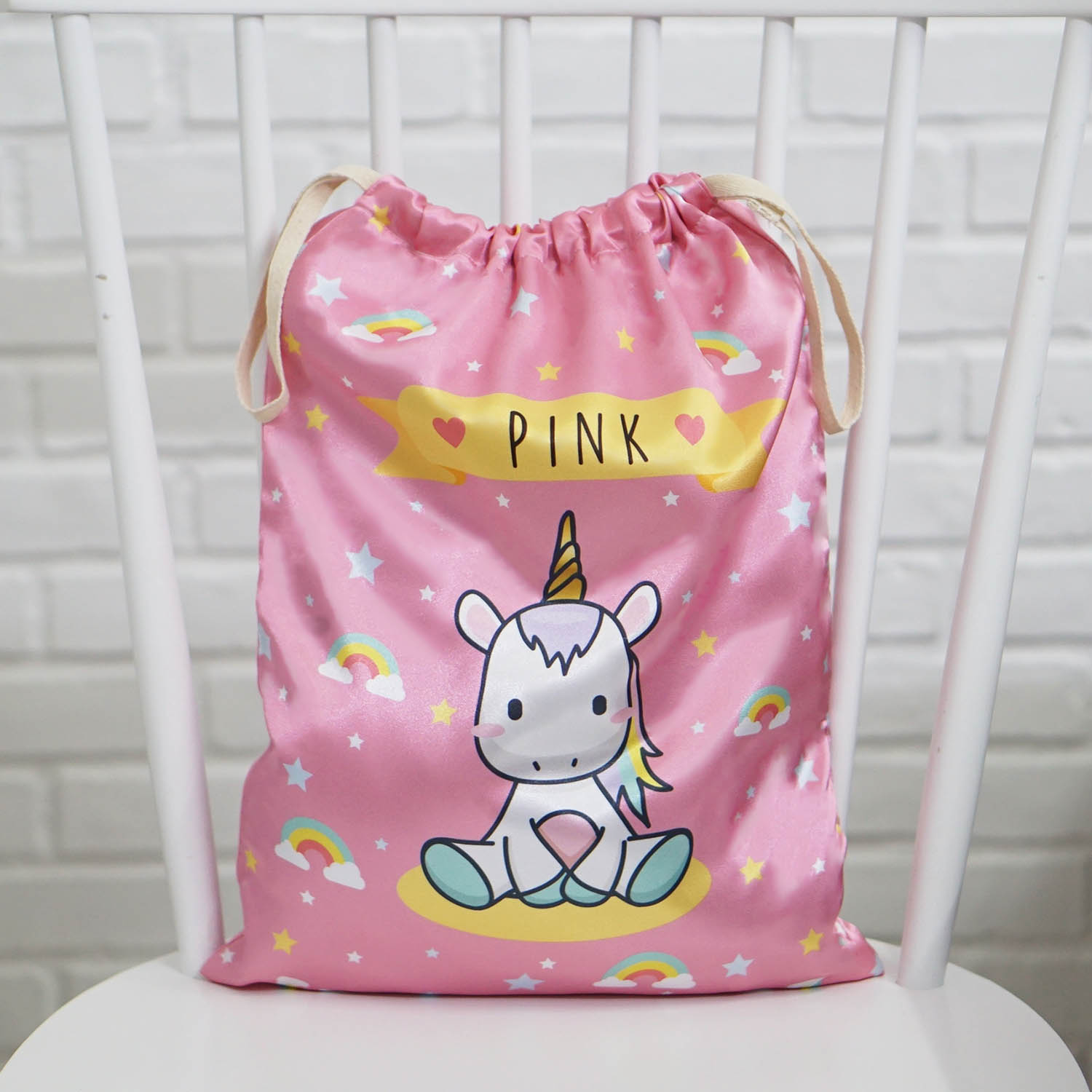 ถุงผ้าซาติน ไซส์ L สั่งทำใส่ชื่อ - Unicorn - Pink