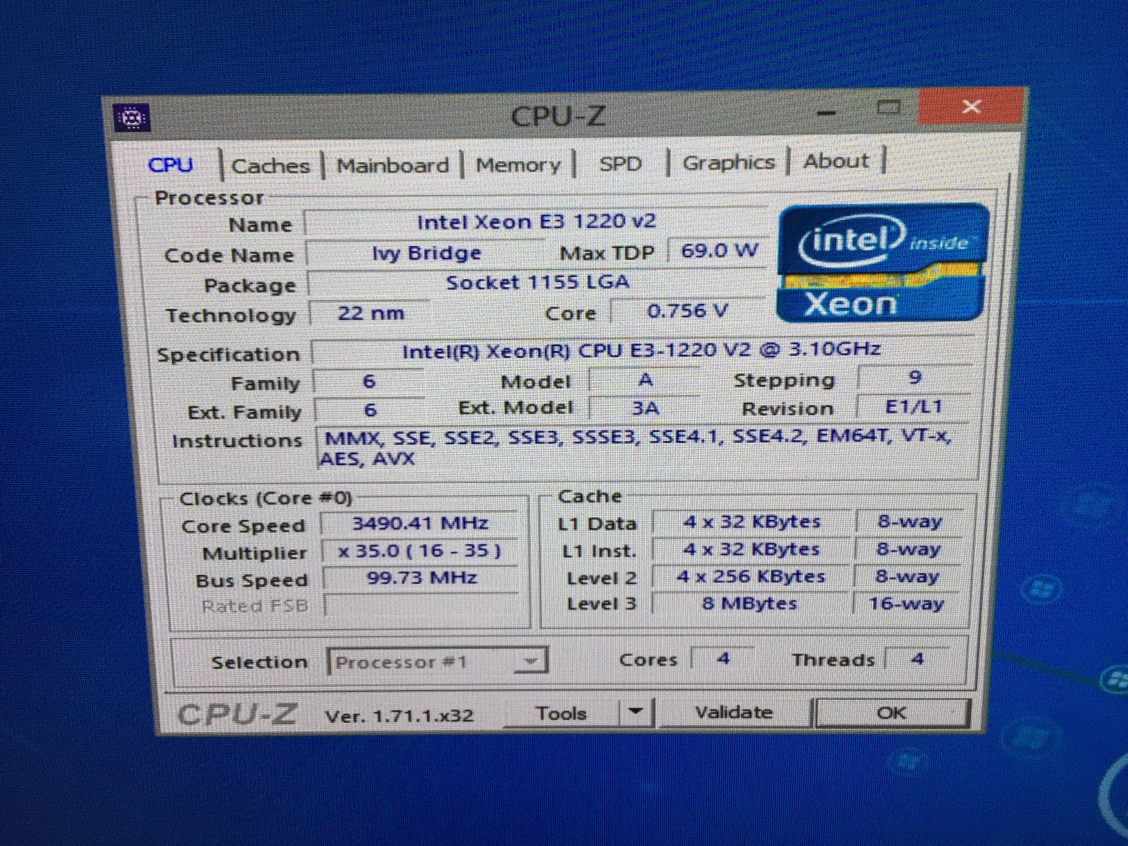 Intel® Xeon® E3-1220 v2 แคช 8M, 3.10 GHz 1155