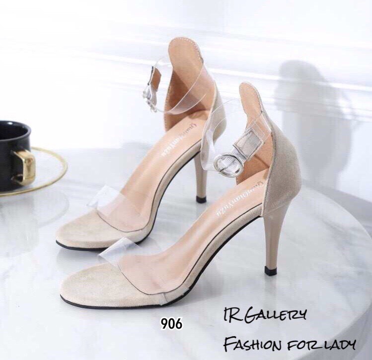 รองเท้าส้นสูงรัดข้อแต่งสายคาดใสนิ่ม (สีครีม)