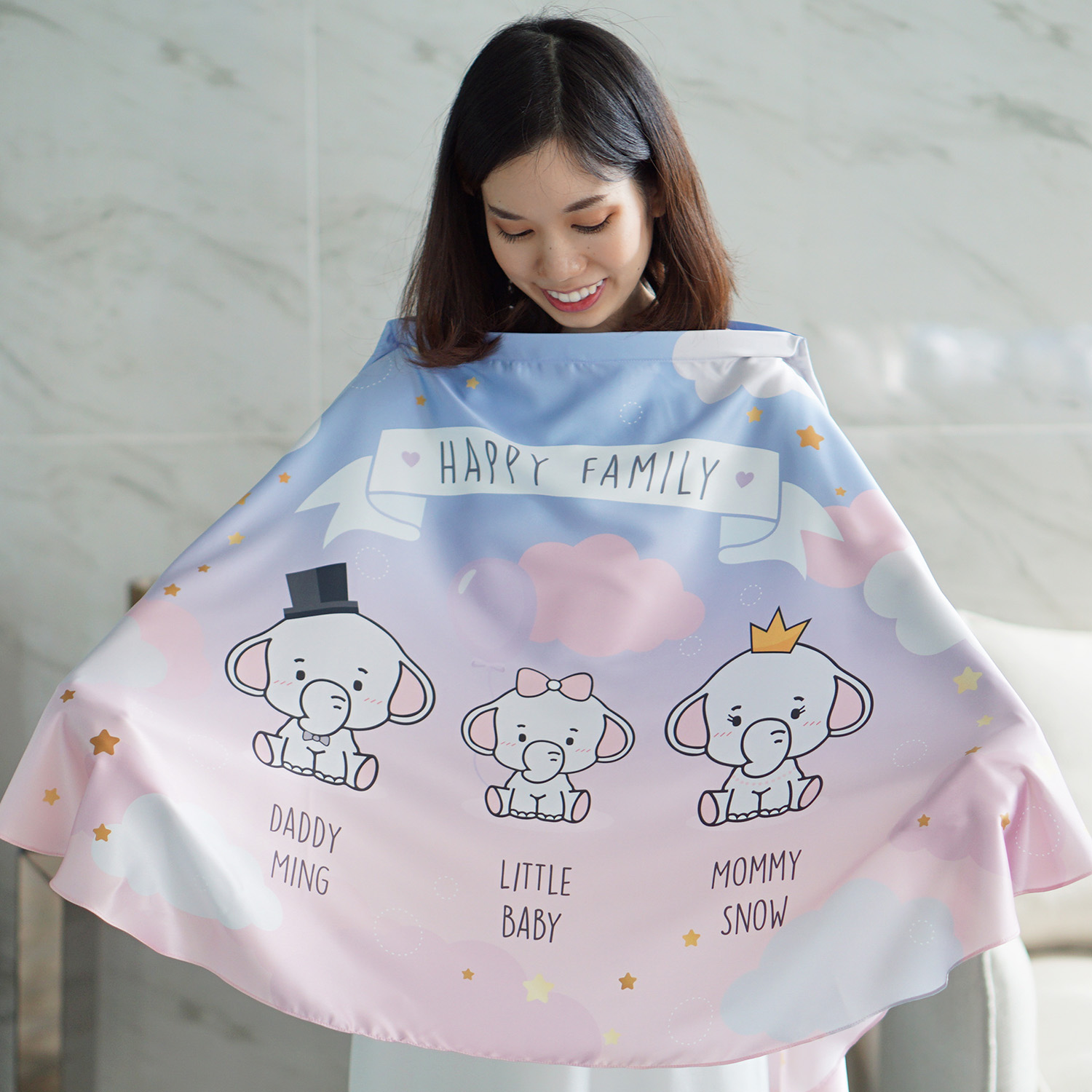 ผ้าคลุมให้นม สั่งทำใส่ชือ ลาย Elephant's Family - Blue Pink