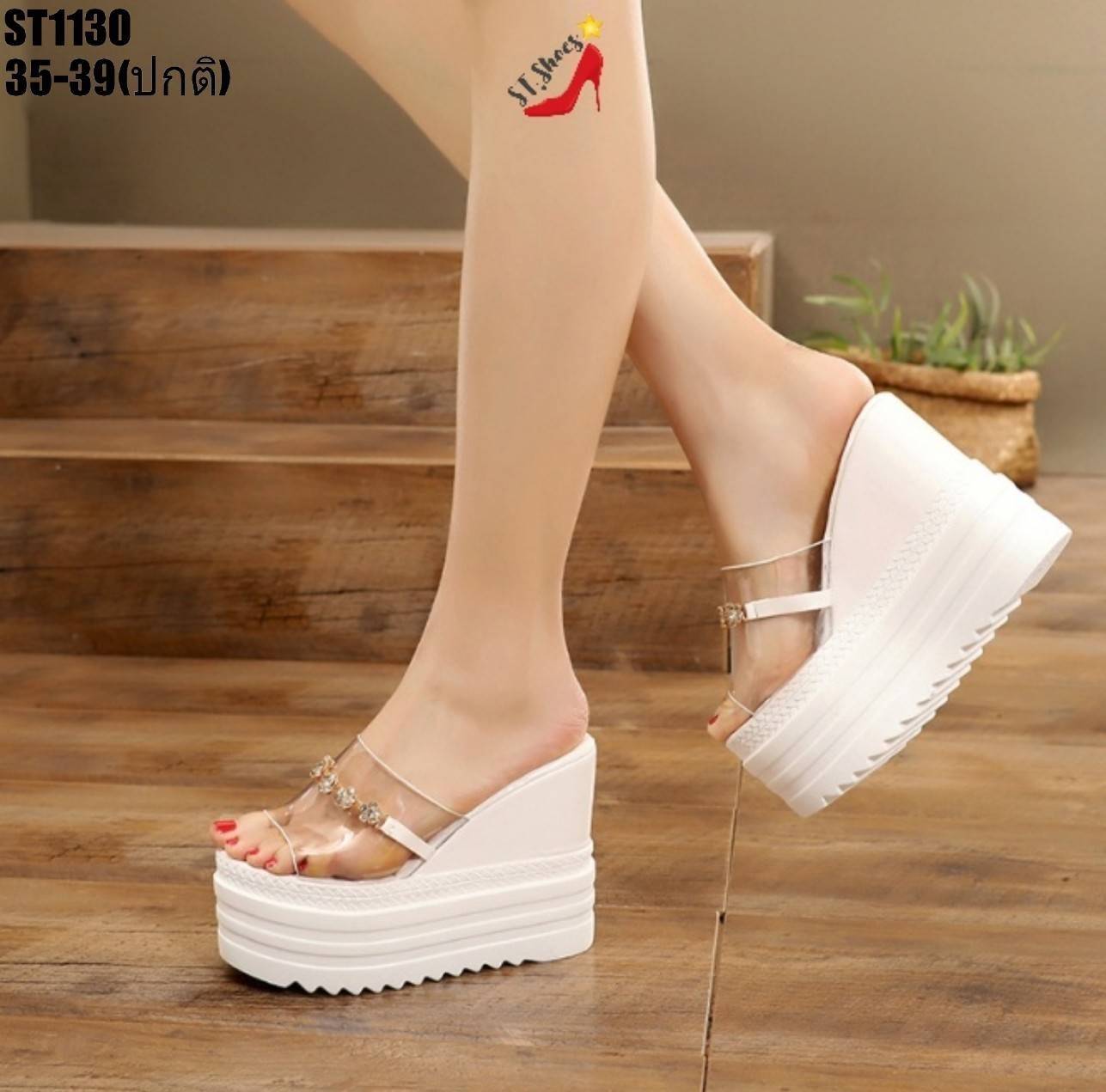 รองเท้าส้นเตารีดแต่งดอกไม้เพชร (สีขาว)