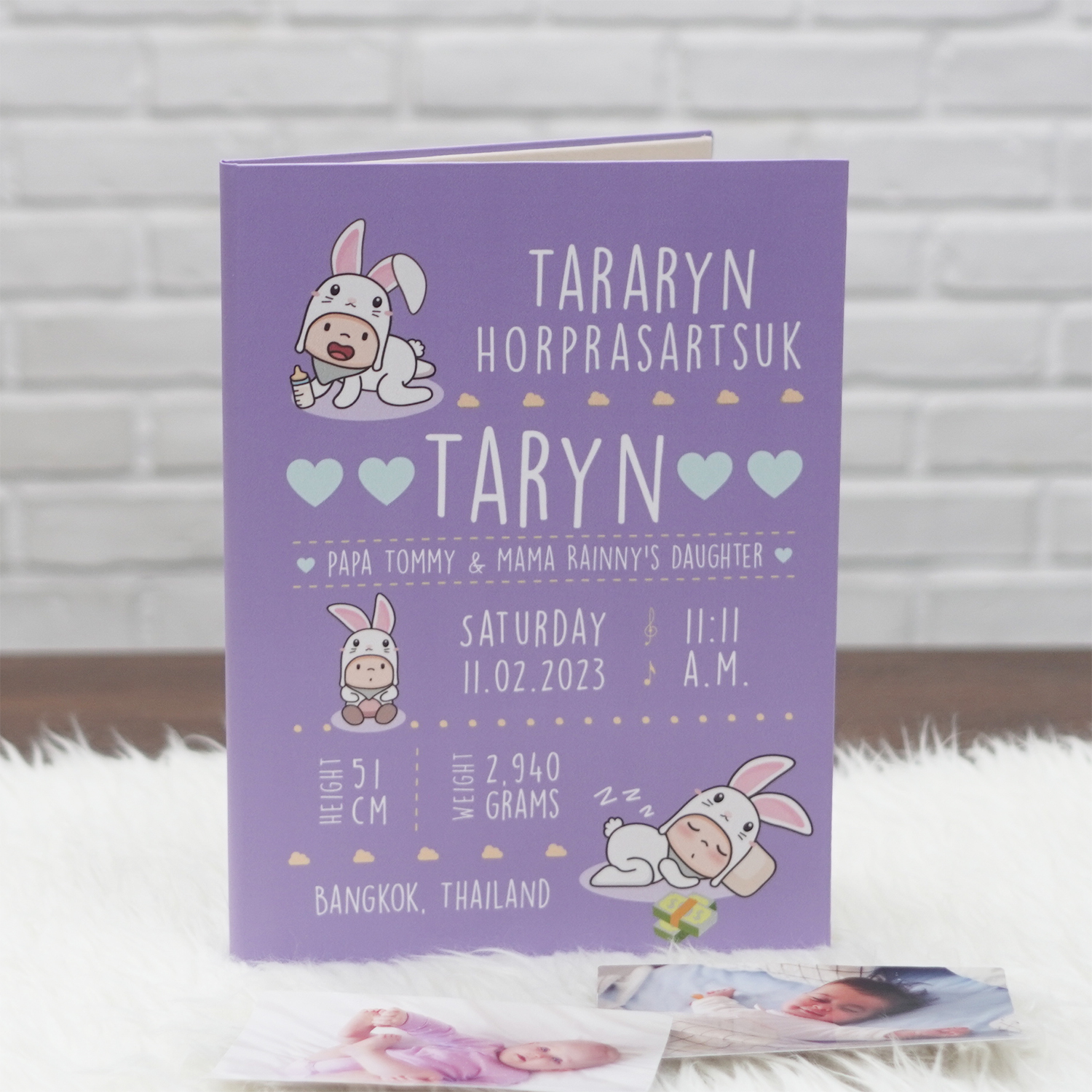 แฟ้มทะเบียนสมรส/สูติบัตร สั่งทำใส่ข้อความ ลาย Baby Rabbit - Purple