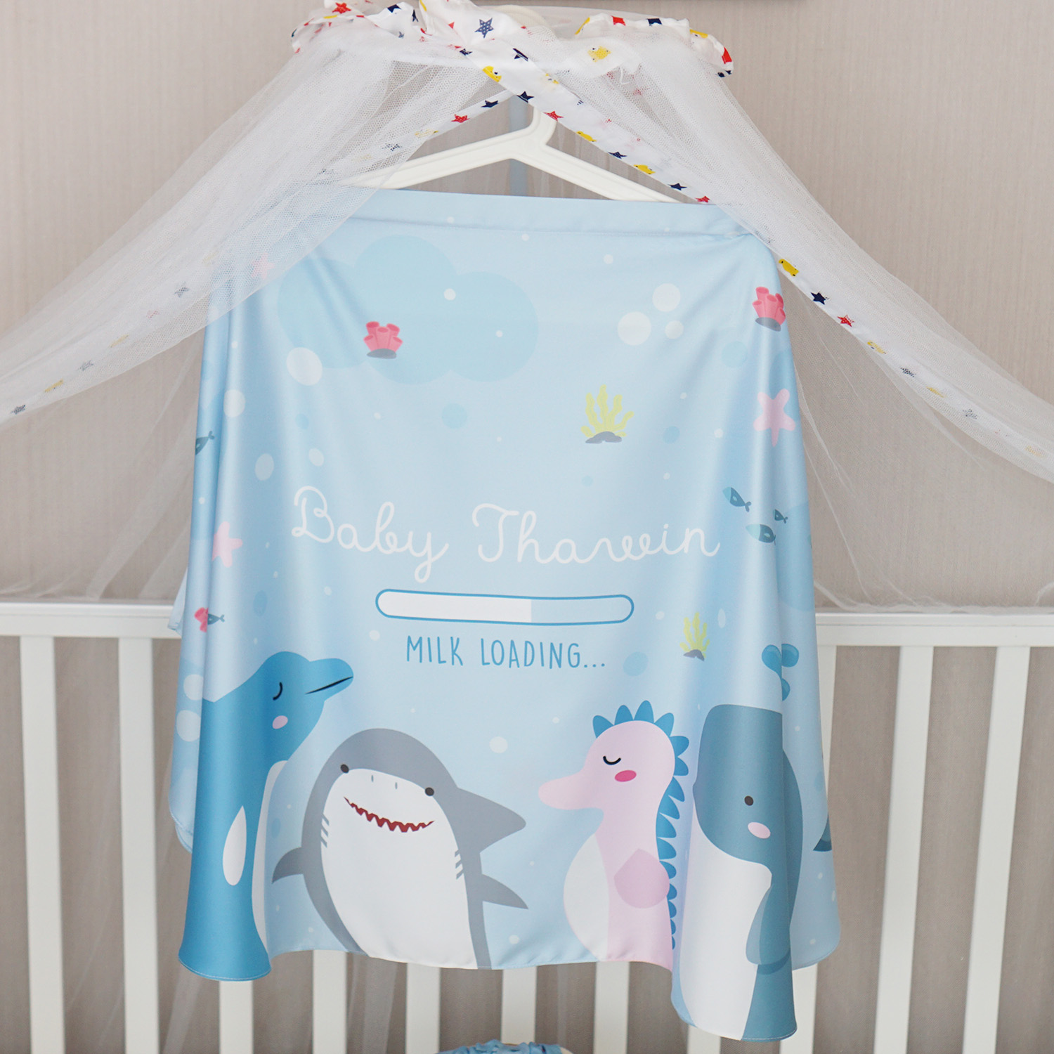 ผ้าคลุมให้นม สั่งทำใส่ชือ ลาย Sea Party - Blue