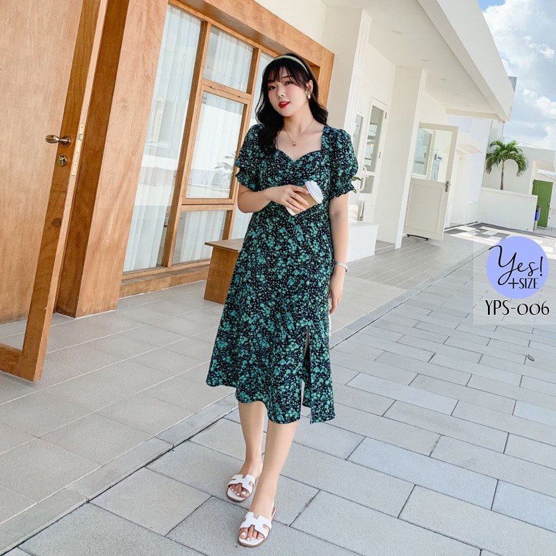ชุดเดรสยาวสาวอวบ อก 40-50 นิ้ว ผ้านิ่มพริ้ว เอวยืดด้านหลัง แขนตุ๊กตา ผ่าหน้า YPS-006