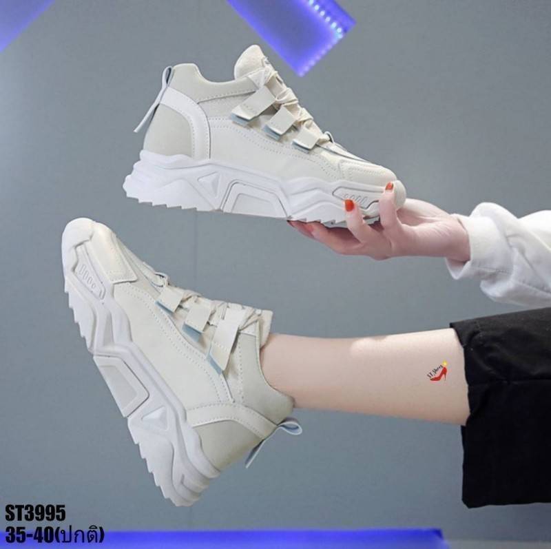 รองเท้าผ้าใบสไตล์Sportแต่งสายเมจิกเทป (สีขาว)