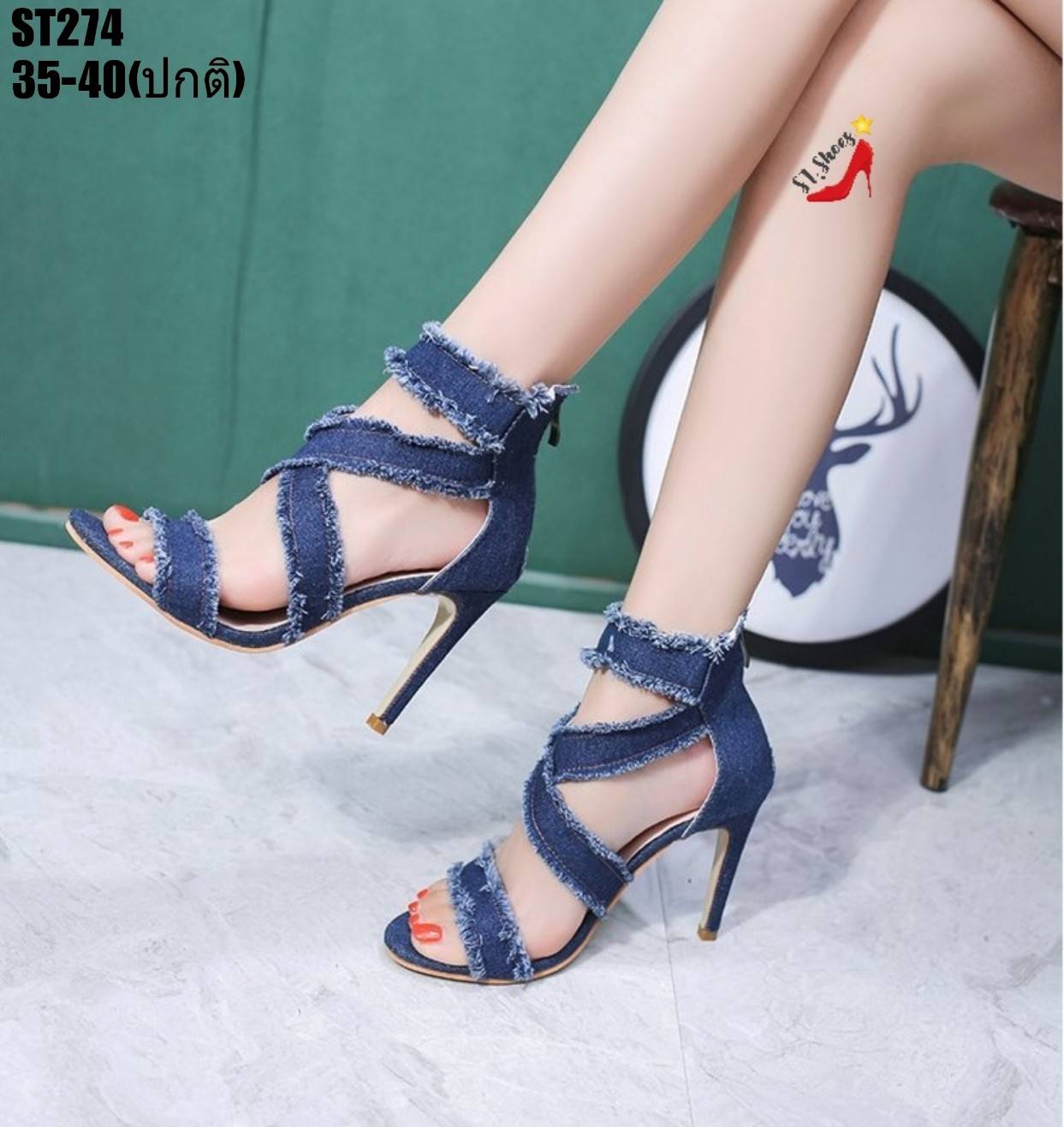 รองเท้าส้นสูงผ้ายีนส์สายไขว้ (สียีนส์อ่อน)