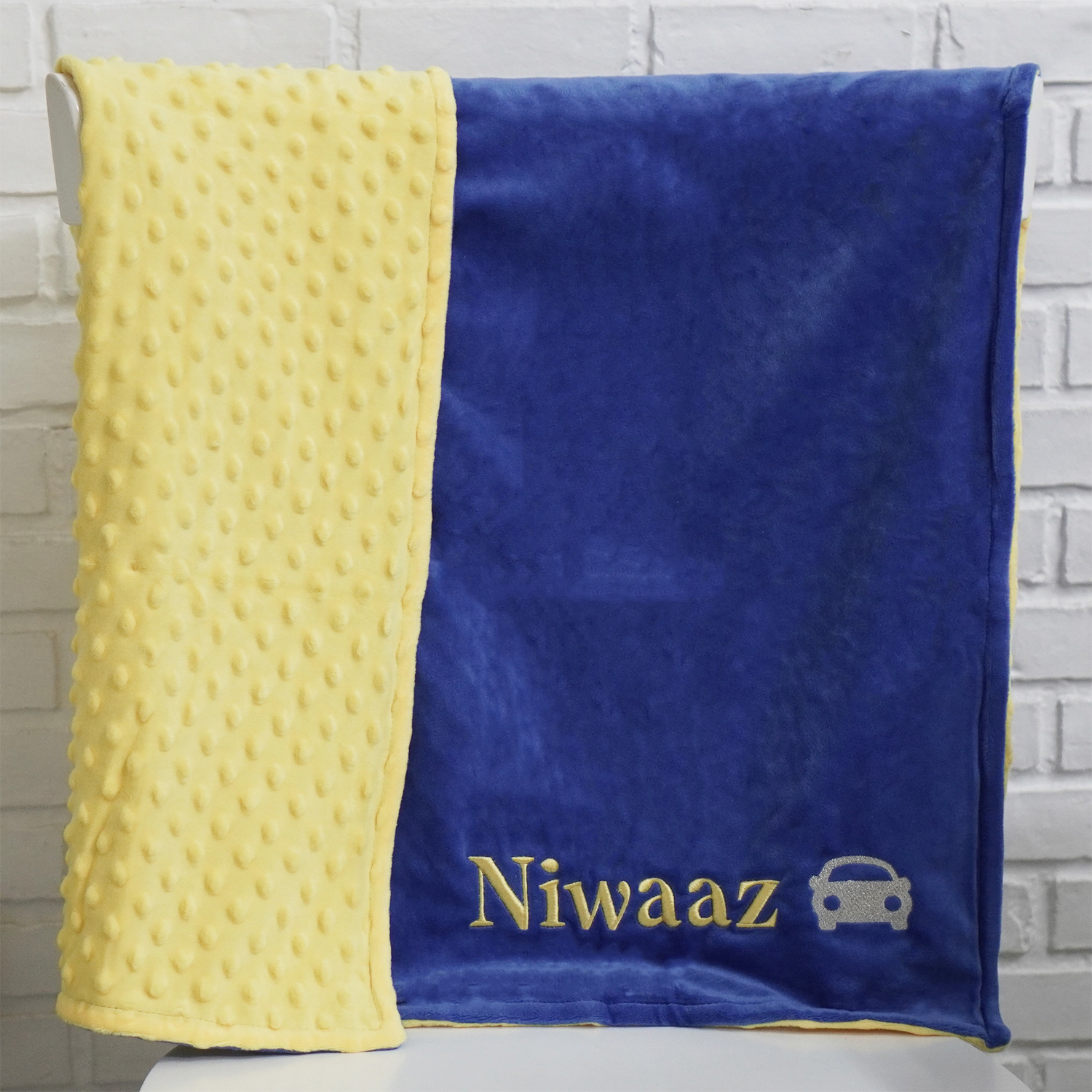 ผ้าห่ม Minky - สี Lemon-Navy 75x100cm แบบปักชื่อ+icon - Car