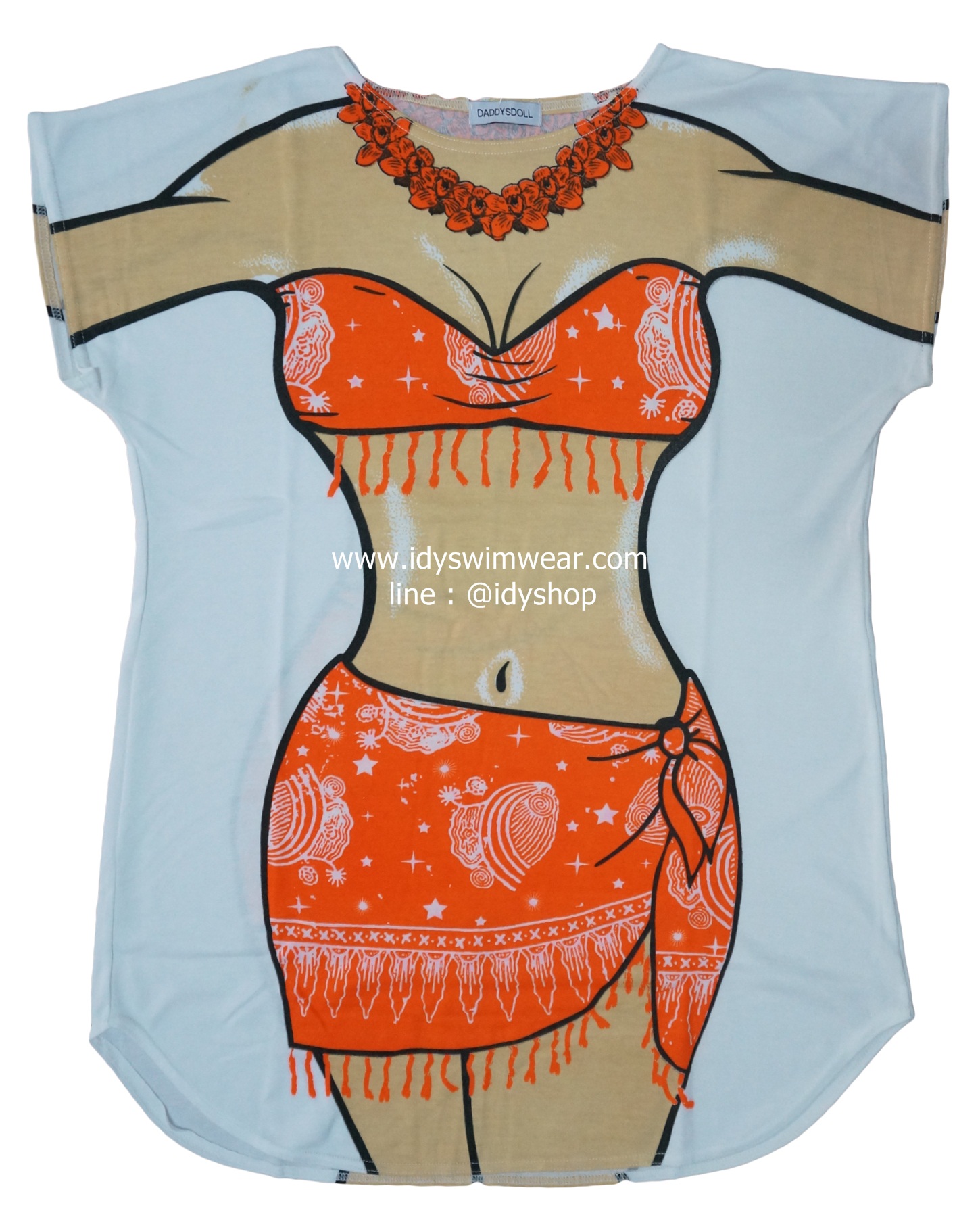 เสื้อสกรีนบิกินี่ ฮาวาย สีส้ม เสื้อยืดสกรีนหน้าหลัง ขนาดฟรีไซส์ รอบอก 45 นิ้ว ยาว 33 นิ้ว