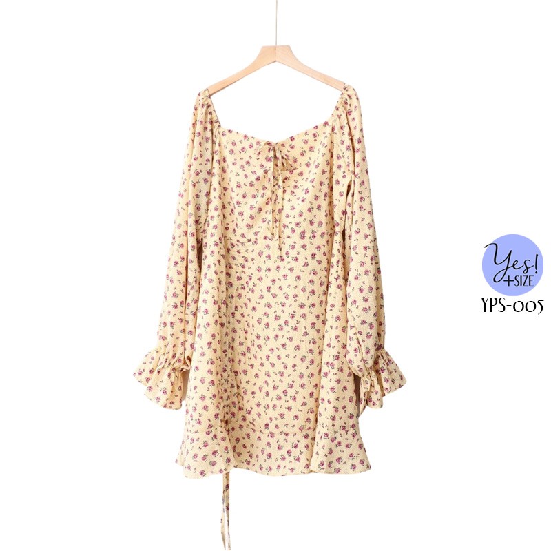 ชุดเดรสสั้นแขนยาว สาวอวบ อก 40-46 นิ้ว สีครีมอมเหลือง ลายดอกไม้สีม่วง YPS-005