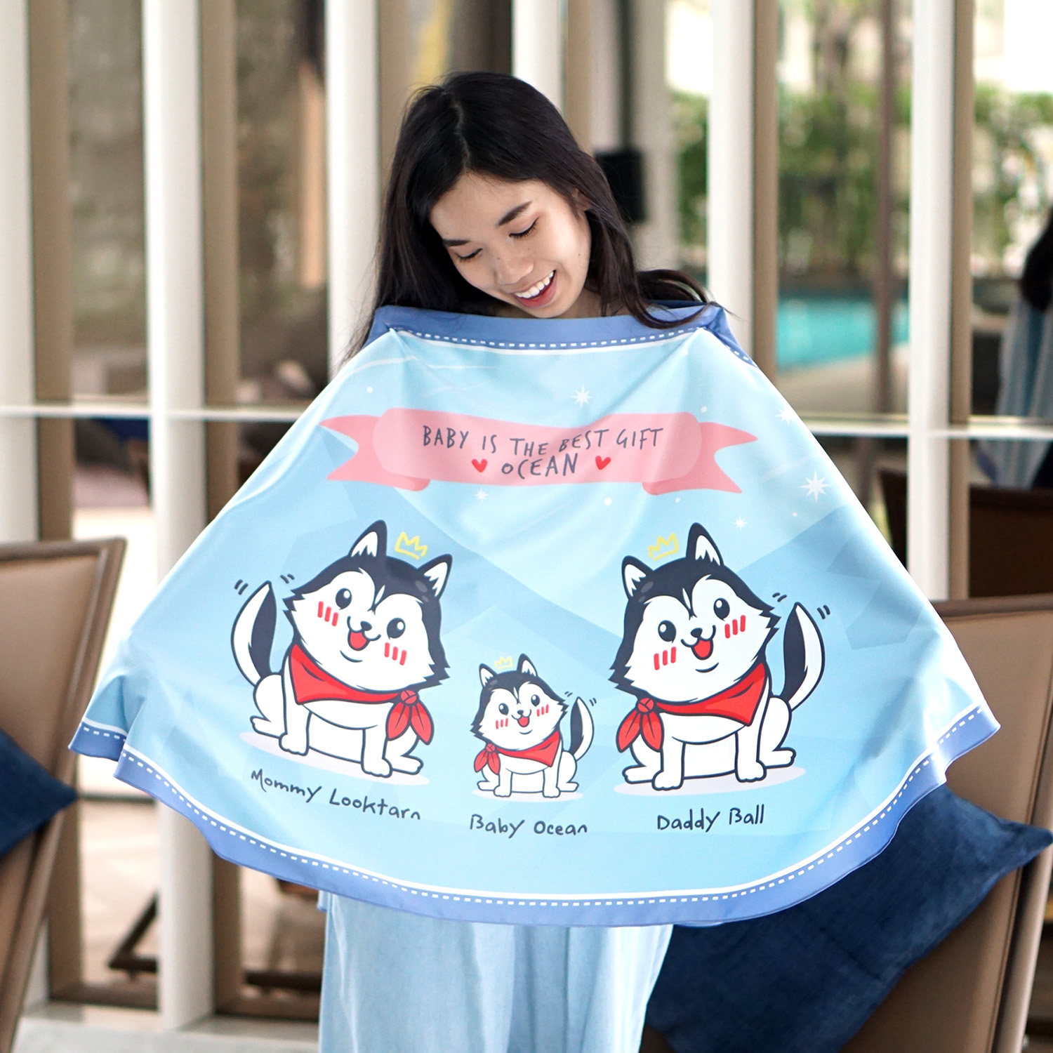 ผ้าคลุมให้นม สั่งทำใส่ชือ ลาย Siberian Husky - Blue
