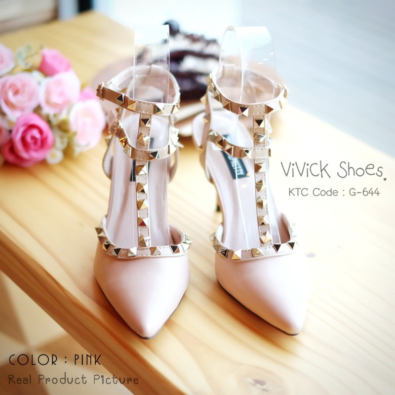 รองเท้า Valentino T-Straps หนังด้าน (สีชมพูนูัด)
