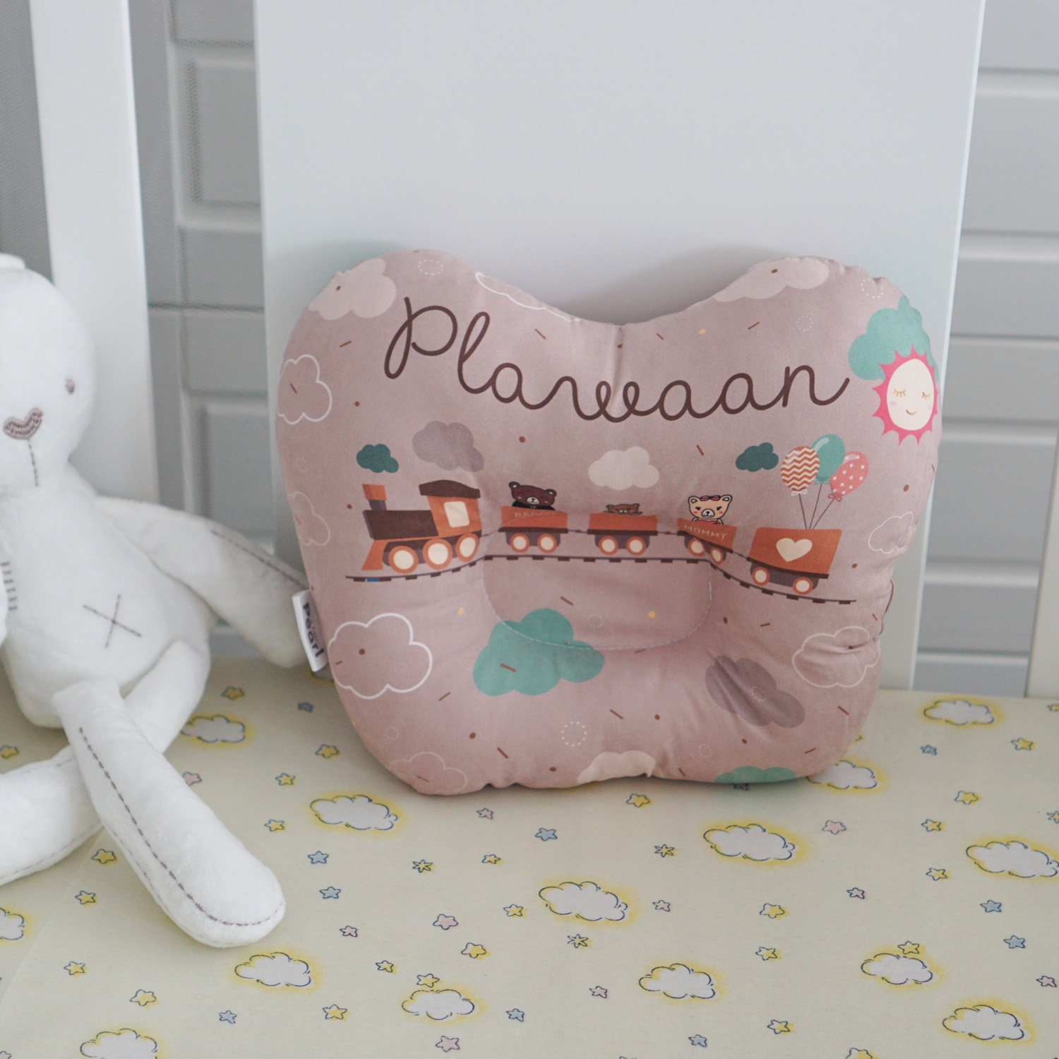 หมอนเด็ก หมอนหลุม Baby Pillow สั่งทำใส่ชื่อ ลาย Train - Brown