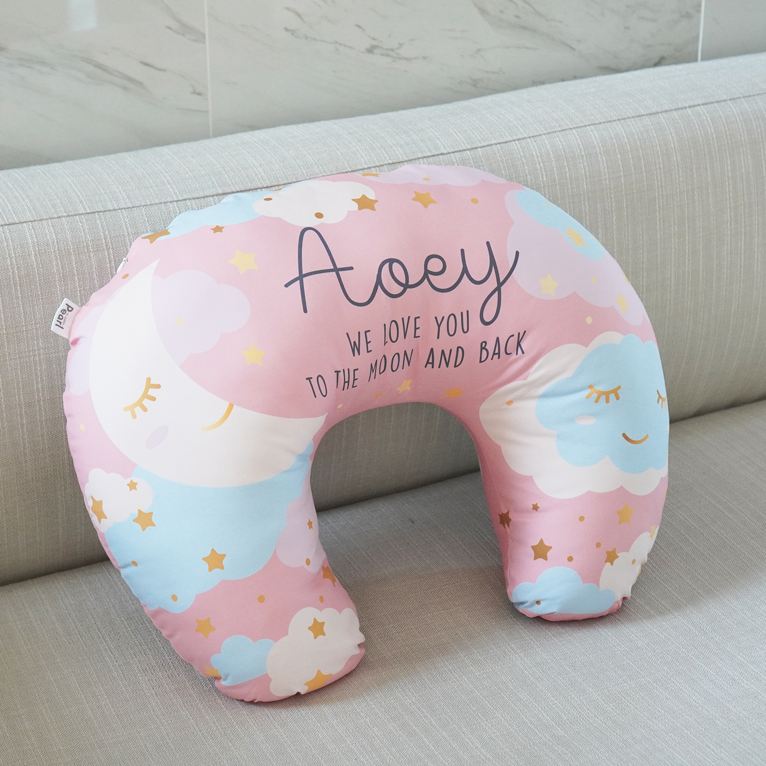 หมอนรองให้นม สั่งทำใส่ชื่อ ลาย Moon - Peach