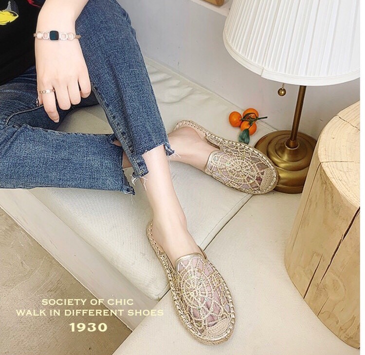 รองเท้าแตะผ้าลูกไม้แต่งเลื่อม (สีชมพู)