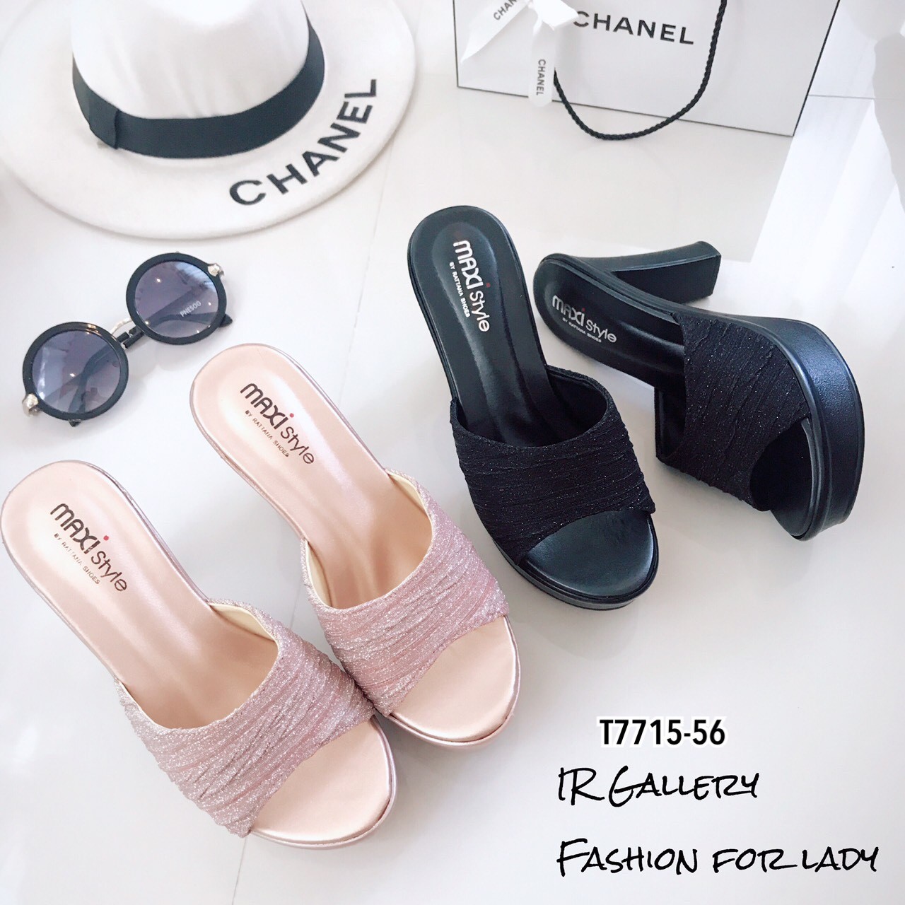 รองเท้าส้นสูงเปิดส้นสไตล์ Maxi (สีชมพู)