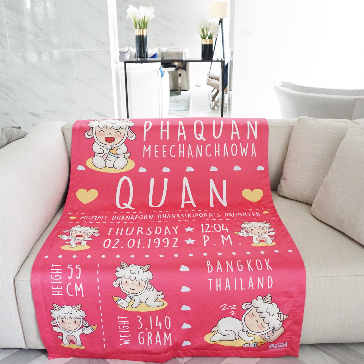 ผ้าห่ม ใส่ประวัติแรกเกิด ลายแพะ สีชมพูเข้ม Goat Shocking Pink ไซส์ใหญ่ 100x150cm