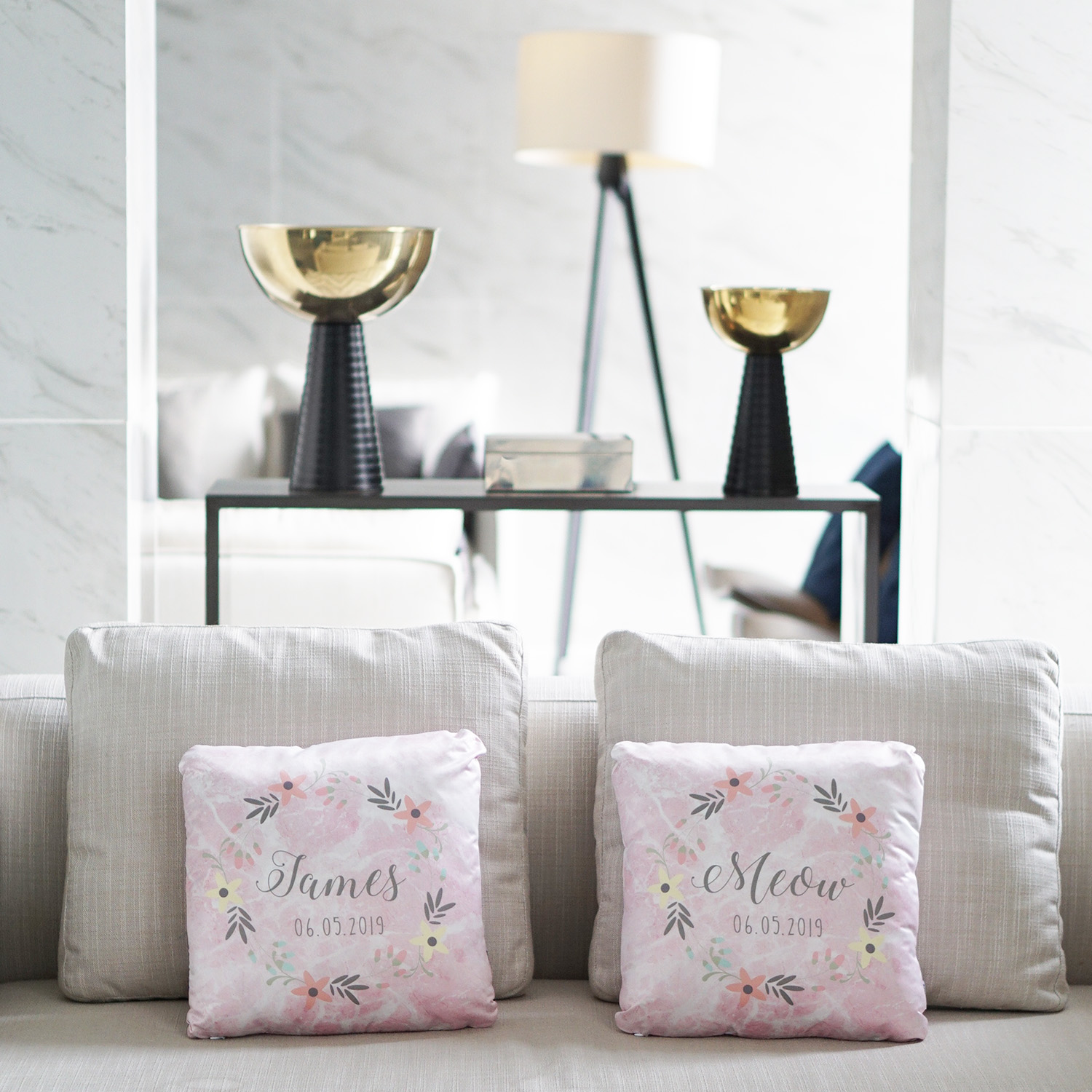 หมอนอิงสั่งทำใส่ชื่อ ลาย Pink Marble - Floral Frame - Grey (ราคาต่อใบ)