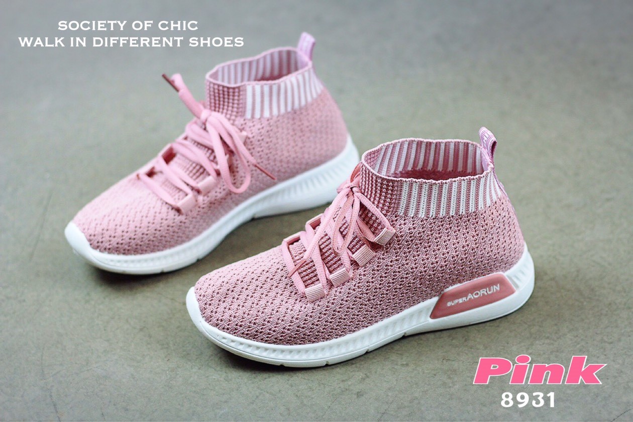 รองเทเา้ผ้าใบสไตล์Sportแต่งขอบถุงเท้าลายทาง (สีชมพู)