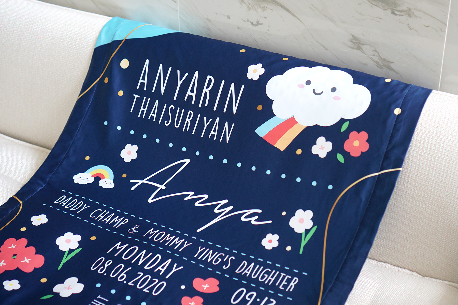 ผ้าห่มเด็ก ใส่ประวัติแรกเกิด ลาย Flower and Rainbow - Navy