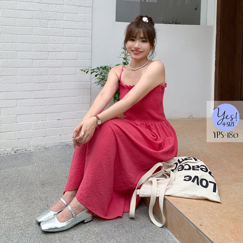 ชุดเดรสสายเดี่ยวสาวอวบ อก 35-55+นิ้ว เดรสยาวสายเดี่ยวสม็อคอก-เอว ยืดเยอะมาก สีชมพูแดง YPS-180