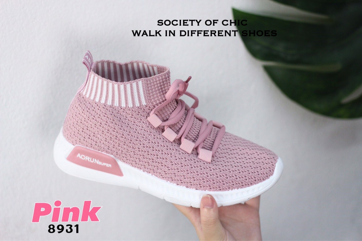 รองเทเา้ผ้าใบสไตล์Sportแต่งขอบถุงเท้าลายทาง (สีชมพู)