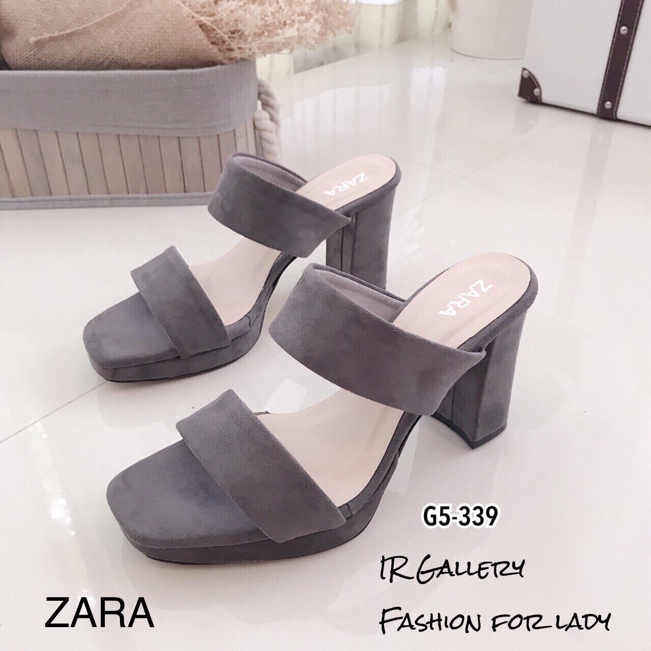 รองเท้าส้นตันเปิดส้น Style Zara (สีกากี)