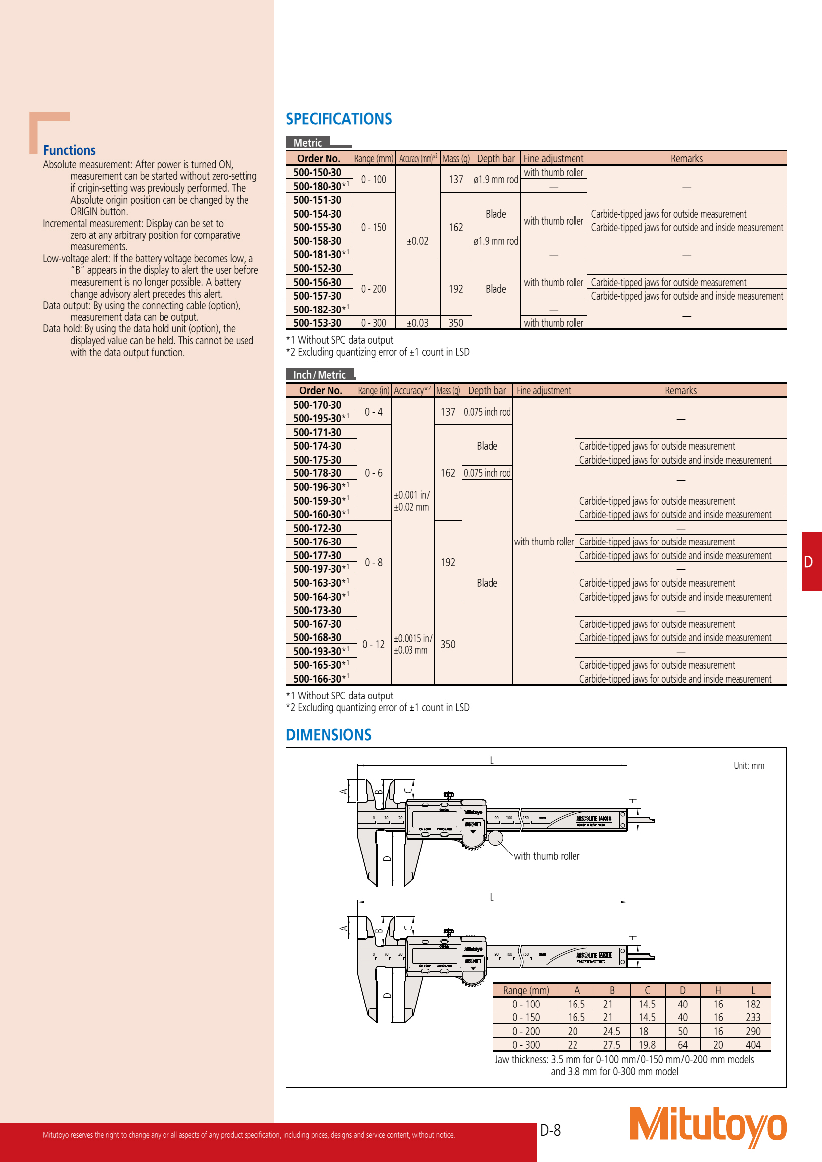 Digimatic Vernier Caliper | เวอร์เนียร์คาลิเปอร์แบบดิจิตอล MITUTOYO [JAPAN] Model : 500-197-30 [Metric/Inch] | Range = 0-200mm / 0-8" | Graduation = 1/1000" (0.02mm) | Exclusive ABSOLUTE Encoder Technology