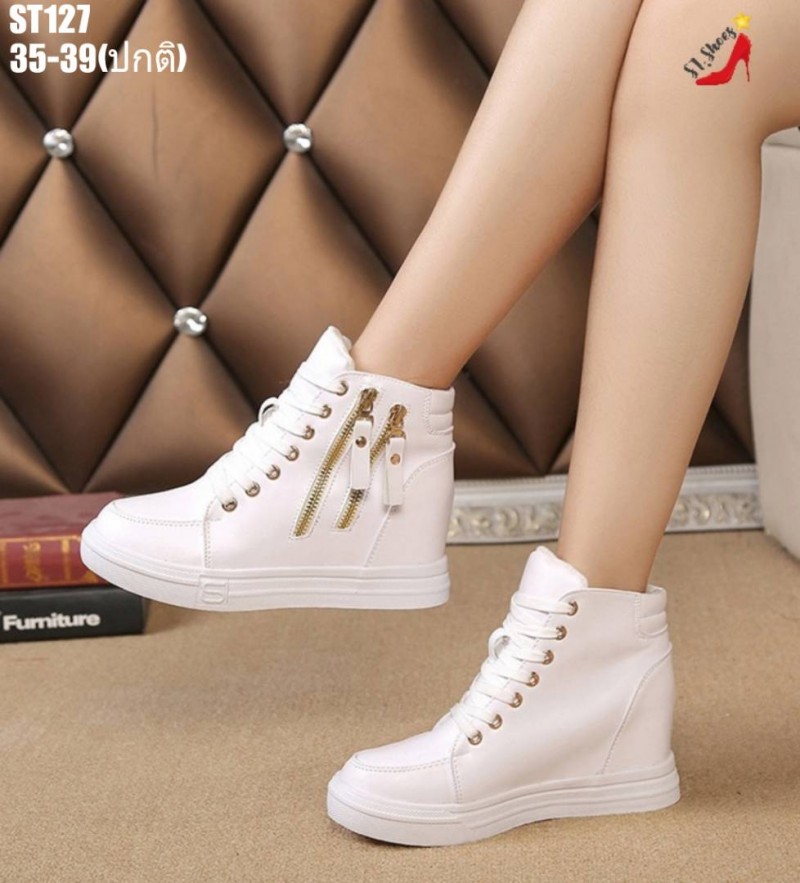 รองเท้าผ้าใบเสริมส้นหุ้มข้อแต่งซิปคู่ (สีขาว)