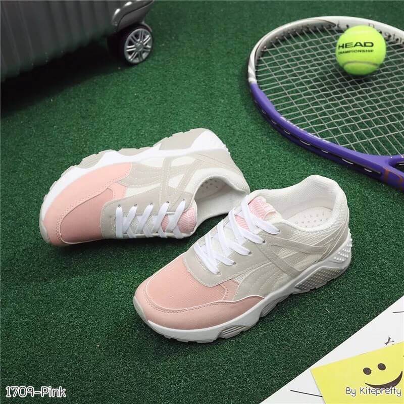 รองเท้าผ้าใบทรง Sport แต่งสีพาสเทล (สีชมพู)