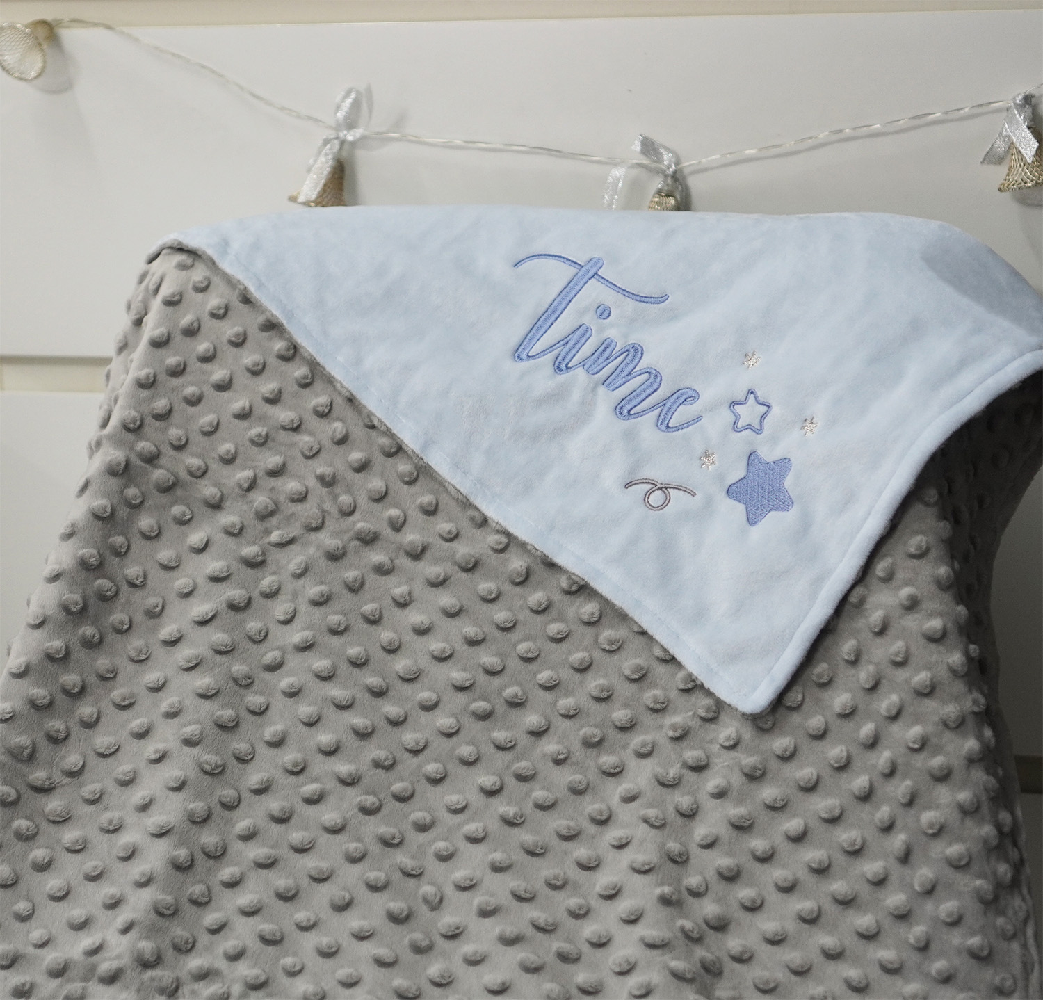 ผ้าห่ม Minky - สีฟ้า + เทา 75x100cm แบบปักชื่อ+icon - Star