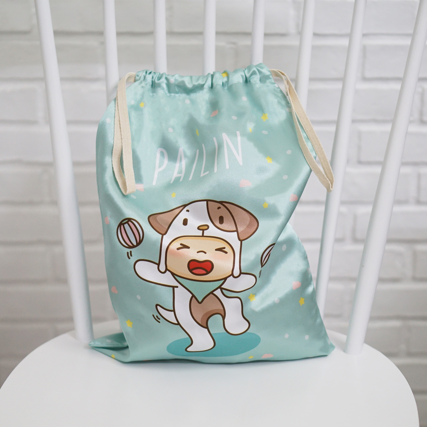 ถุงผ้าซาติน ไซส์ L สั่งทำใส่ชื่อ - Puppy - Mint
