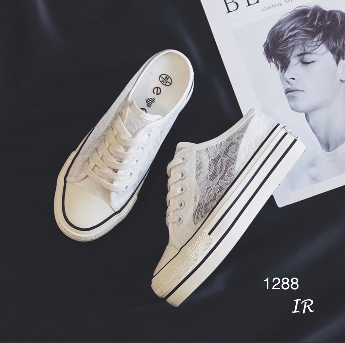 รองเท้าผ้าใบลูกไม้เปิดส้น