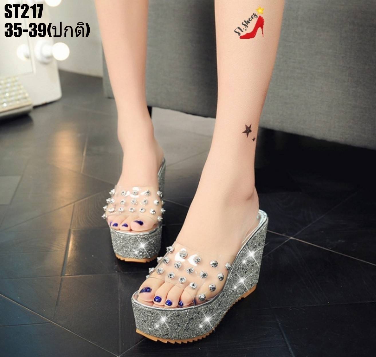 รองเท้าลำลองส้นเตารีดแต่งกลิตเตอร์ (สีเงิน)