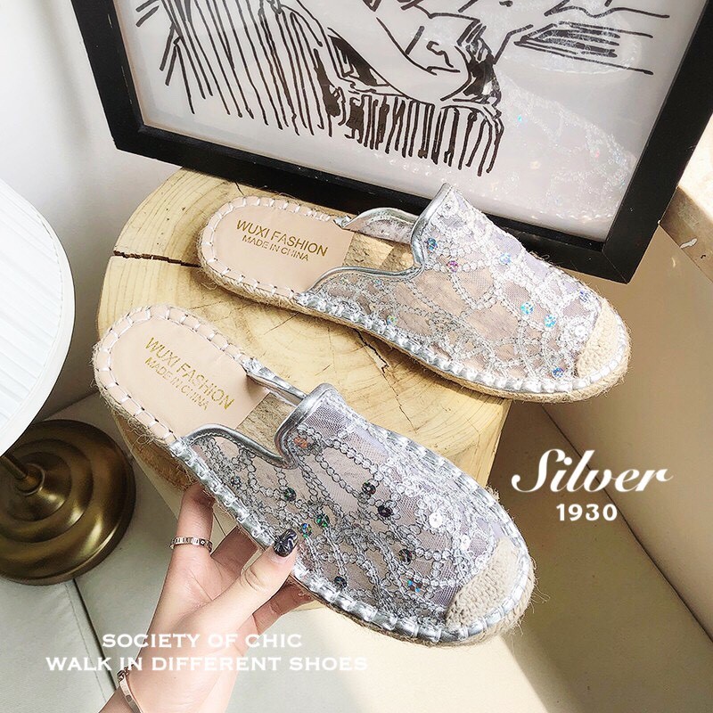 รองเท้าแตะผ้าลูกไม้แต่งเลื่อม (สีชมพู)