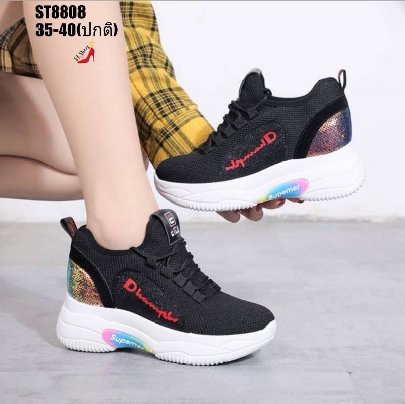 รองเท้าผ้าใบเสริมส้นปักเหลื่อมสไตล์Sport (สีดำ)