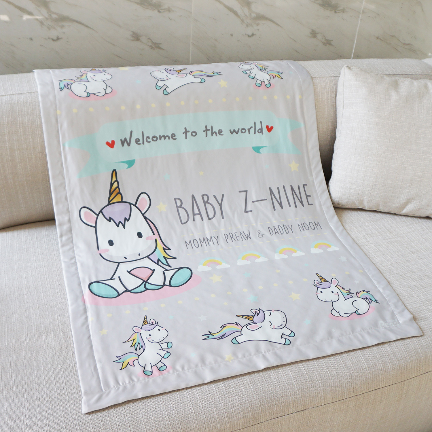ผ้าห่มเด็ก ใส่ชื่อ ลายยูนิคอร์น - Unicorn - Grey