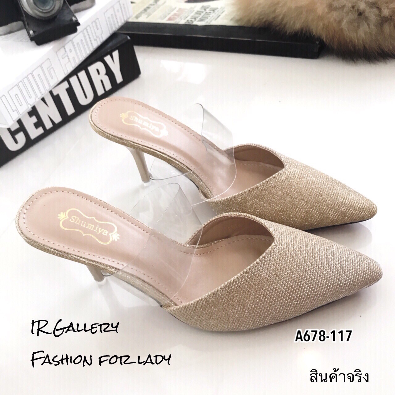 รองเท้ากลิตเตอร์เปิดส้นหัวแหลม (สีทอง)